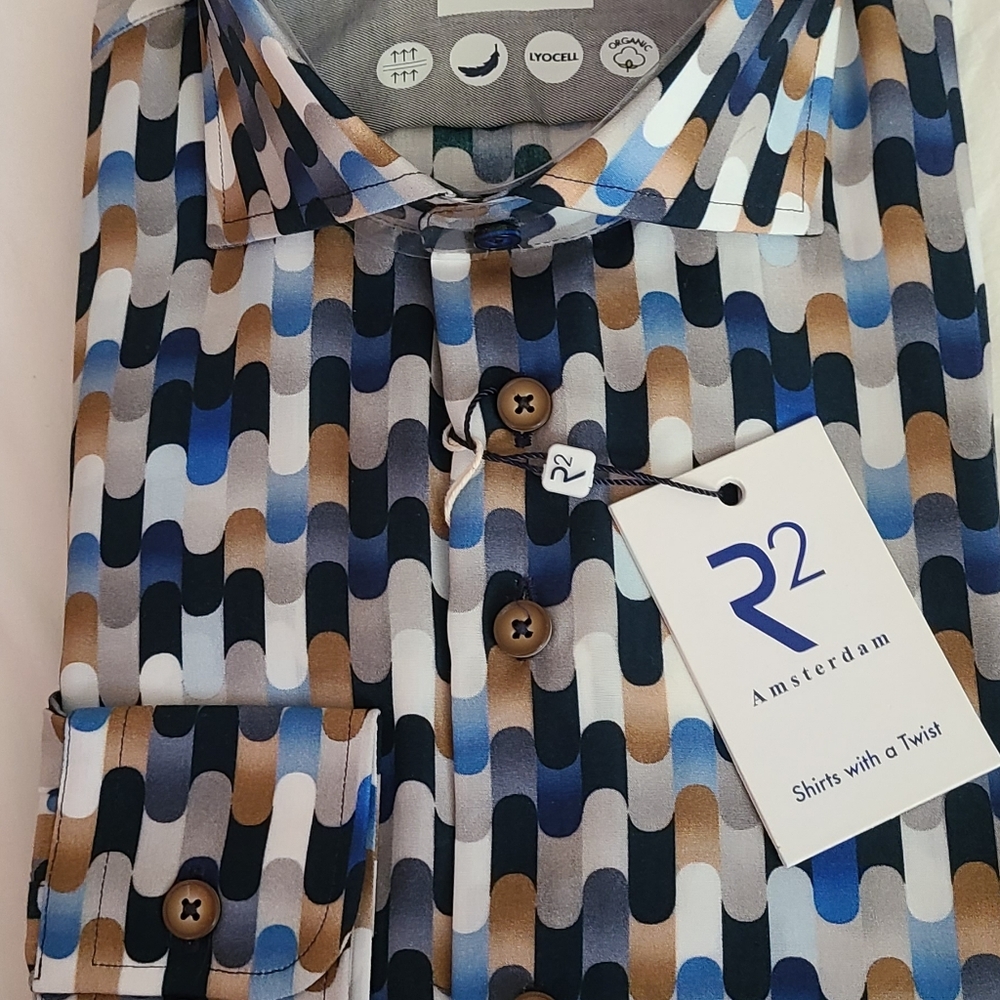 R2 Amsterdam Blue, Brown & White Geometric Button-Down Shirt